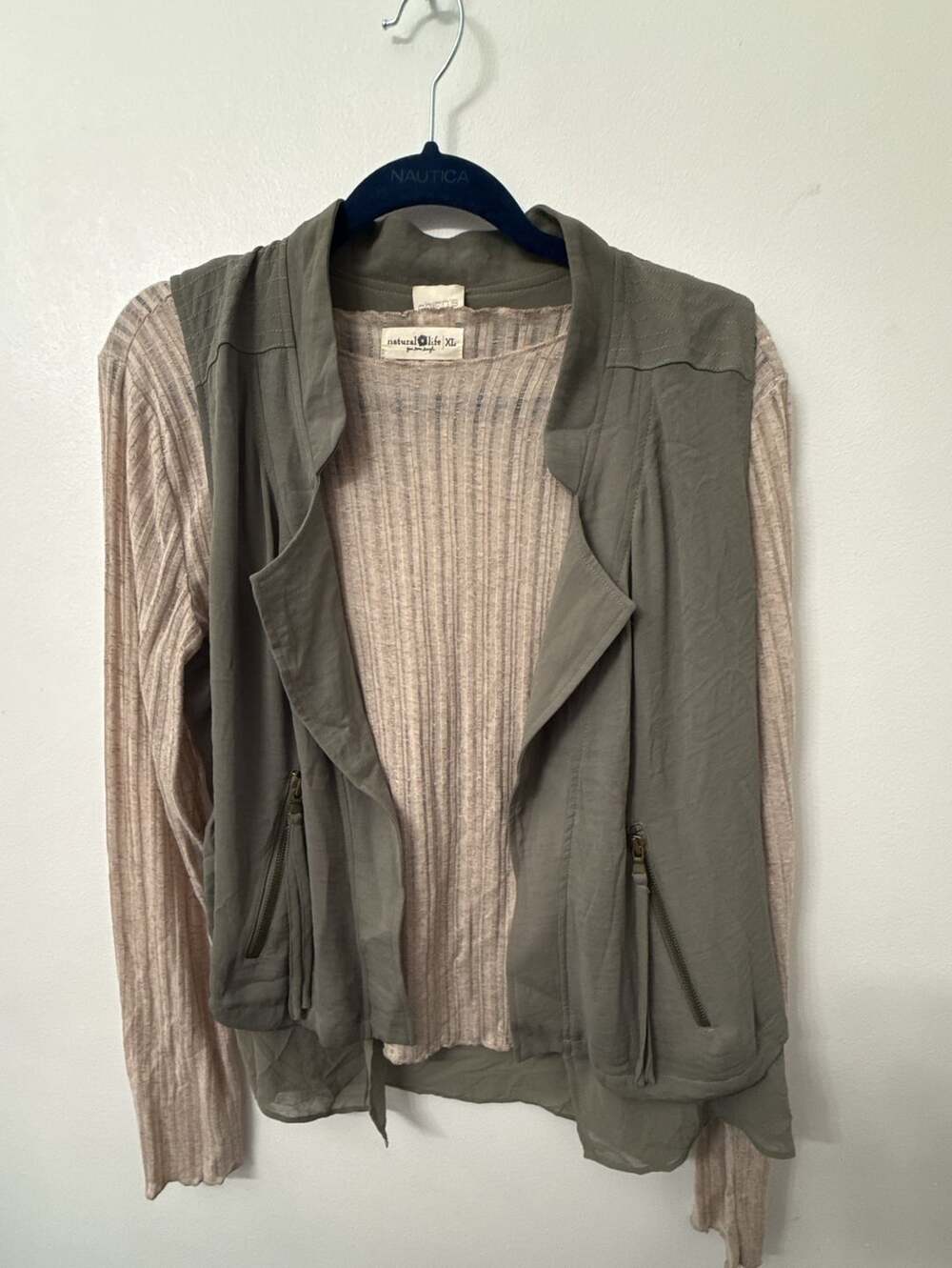 Natural Life Top Beige Ribbed Long Sleeve Shirt with Chicos Green Vest size 1